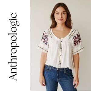 Boho Embroidered Peasant Top – White Cotton Blouse Size 4